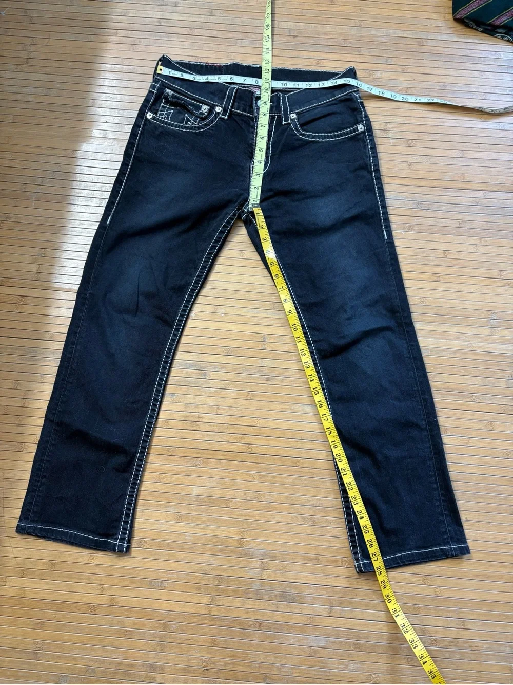 True Religion Women's Black Straight Leg Jeans with Contrast White Stitching - Picture 6 of 8